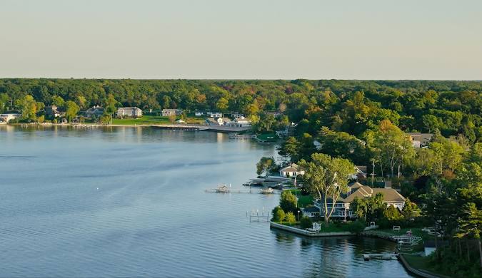 aerial view of a waterfront community