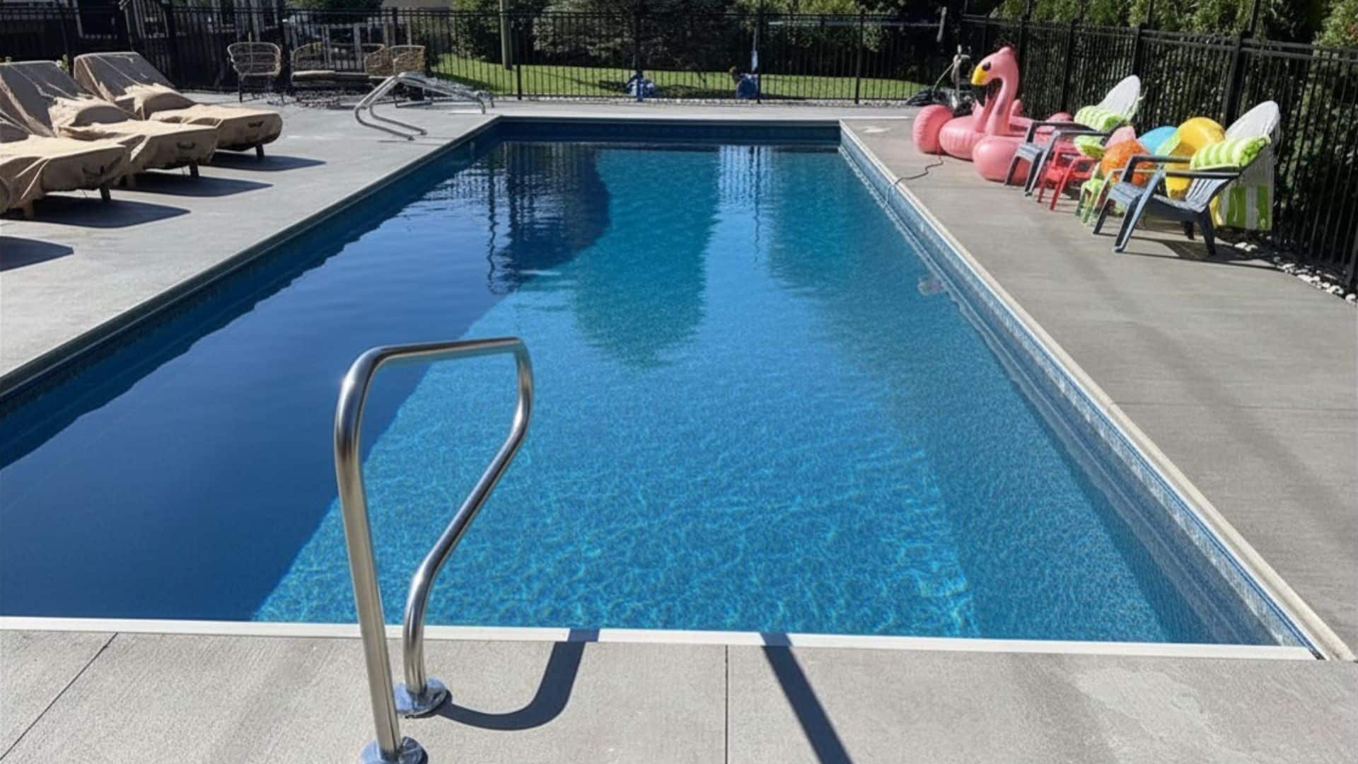 in ground pool with furniture and floaties
